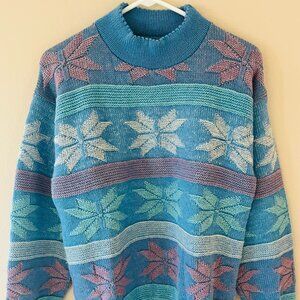 Vtg 100% Wool Merrimac Valley Women's Sweater Size L Blue & Pink Snowflakes